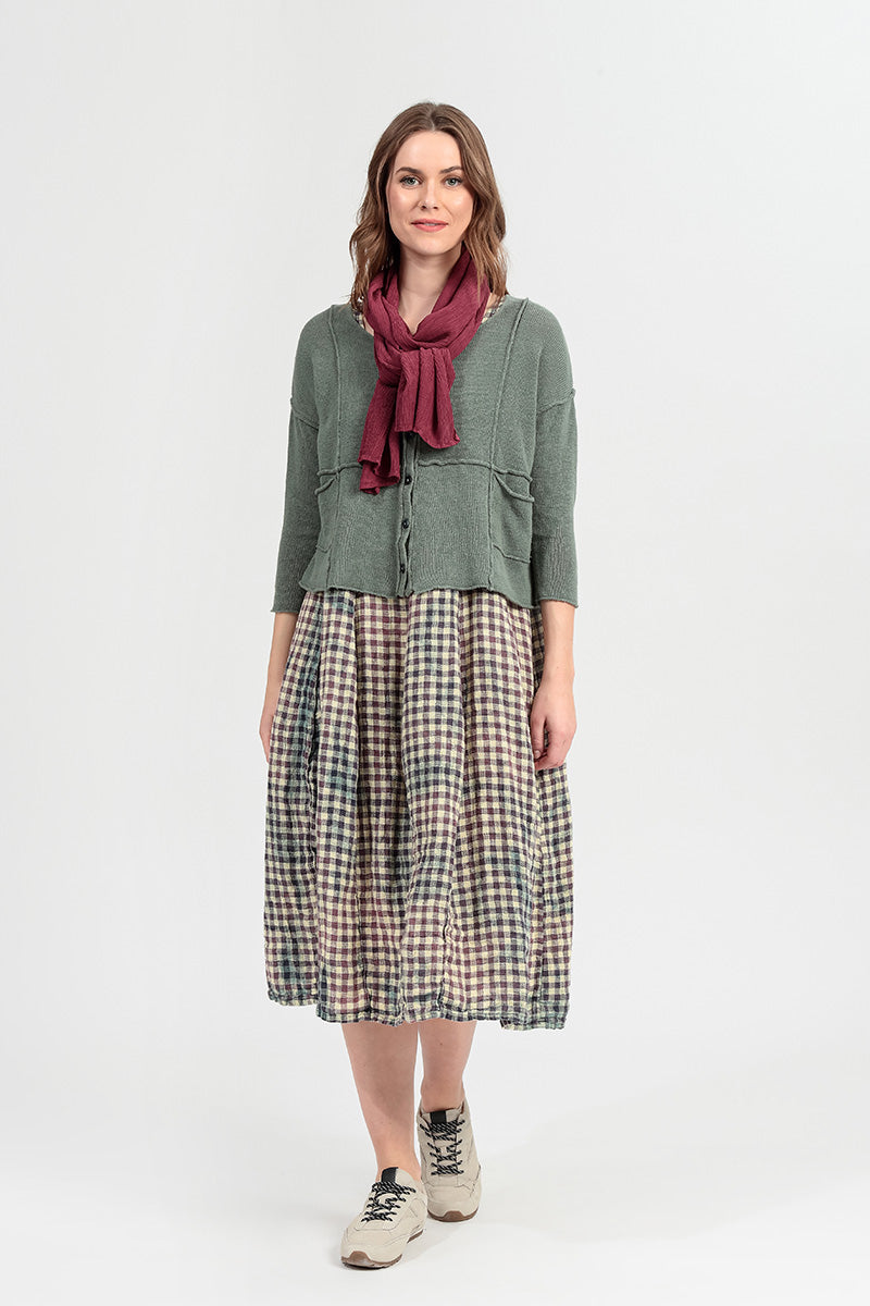 Sleeveless Balloon Watercolour Check Linen Dress 6