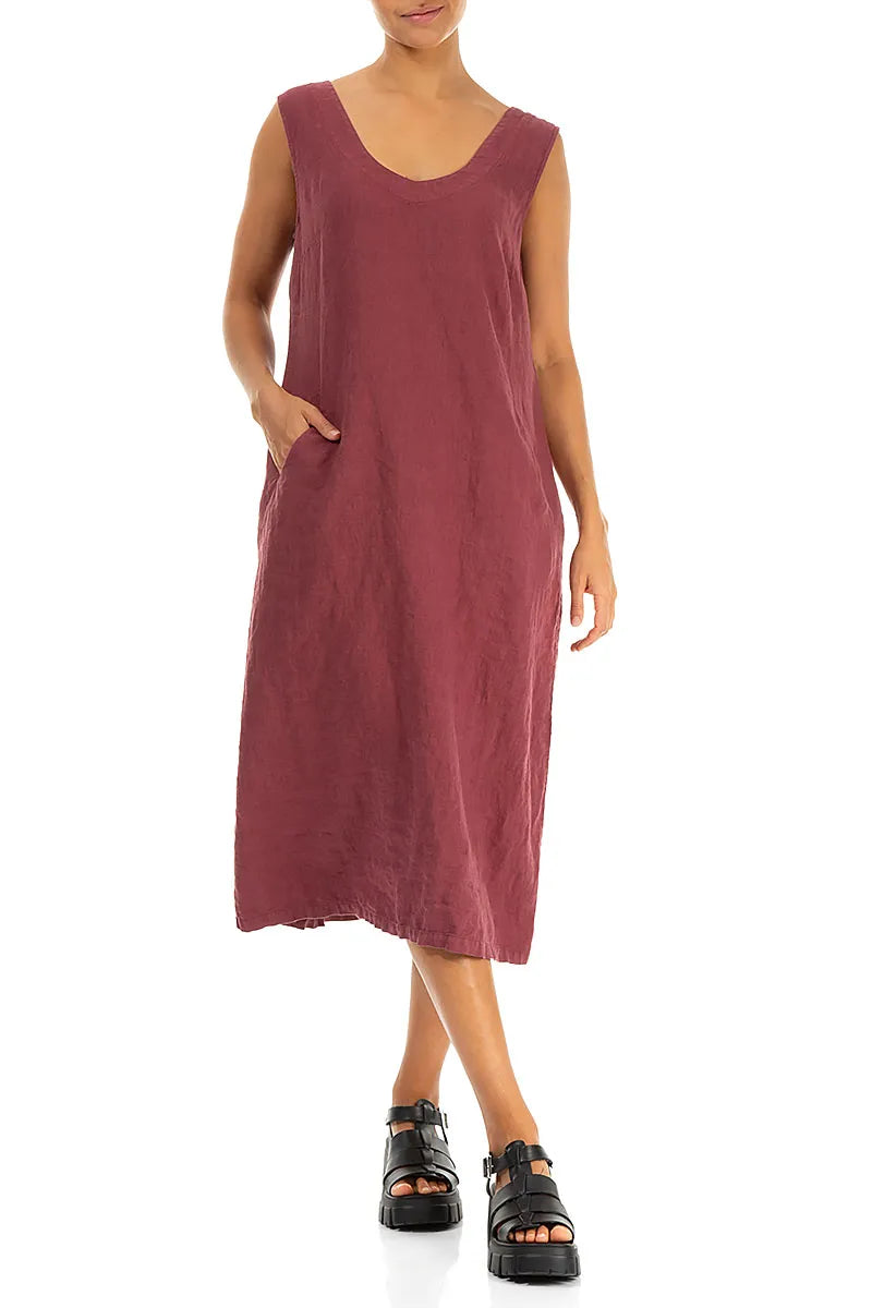 Soft V-Neck Antique Ruby Linen Dress 4