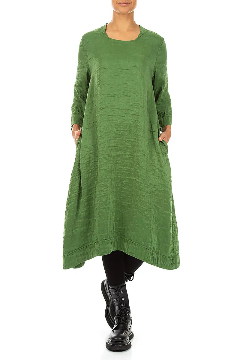 Square Neck Textured Shamrock Green Silk Dress