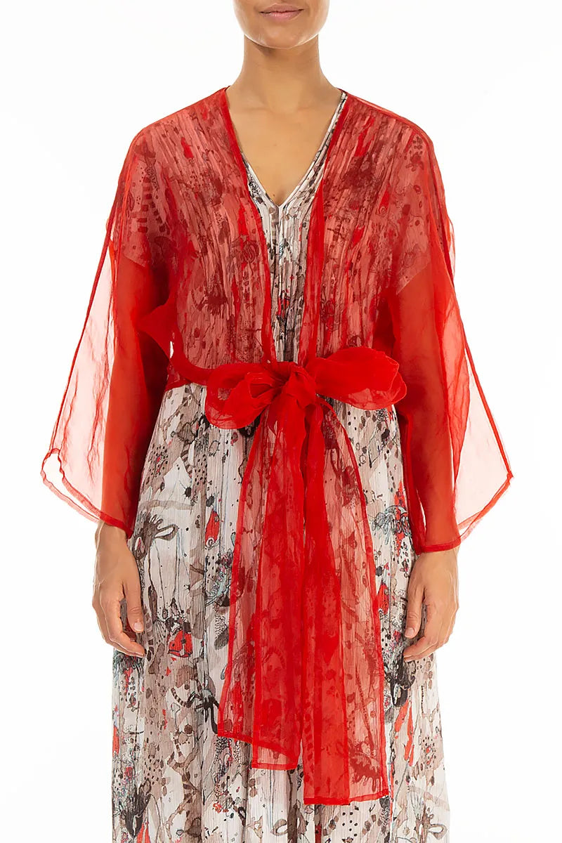 Tie Up Flame Orange Silk Chiffon Jacket 1