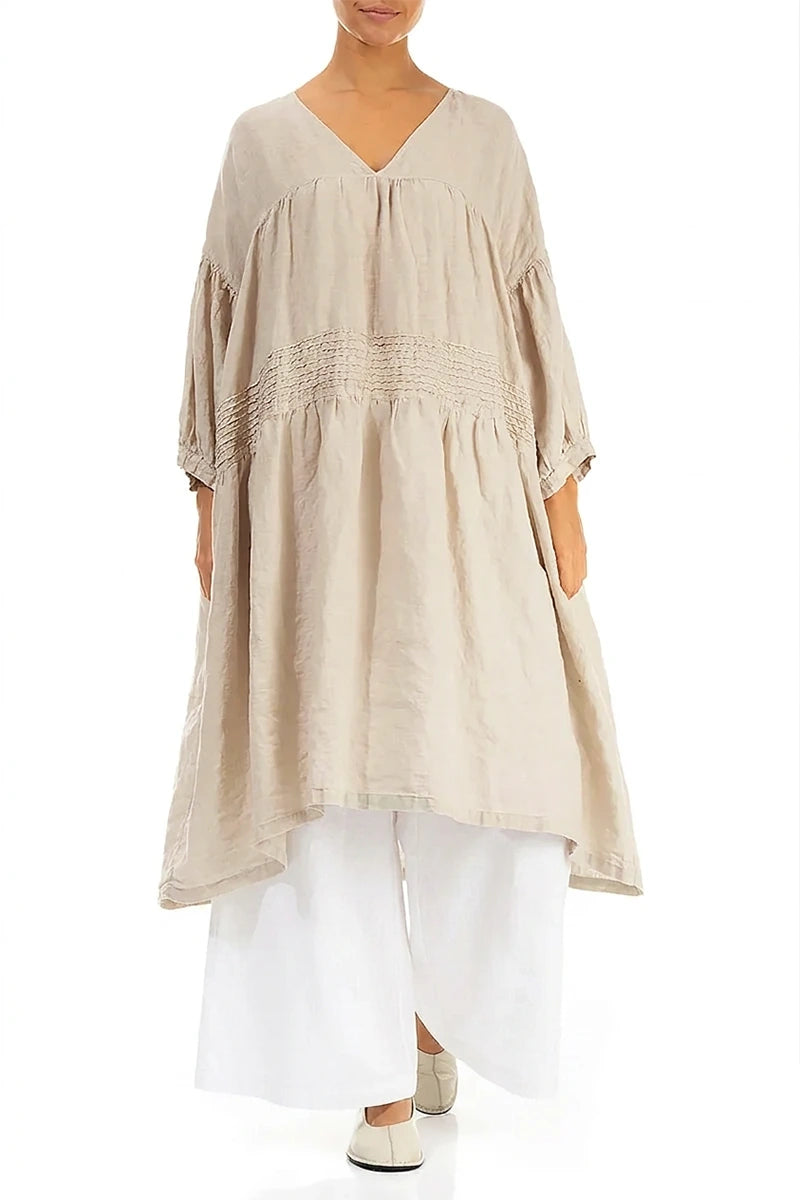 V-Neck Beige Pintuck Linen Dress 6