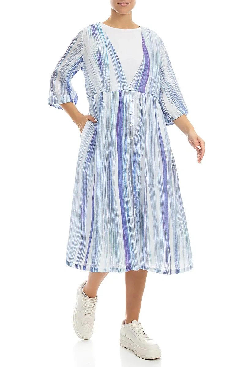 V-Neck Blue Wash Stripe Linen Jacket 4