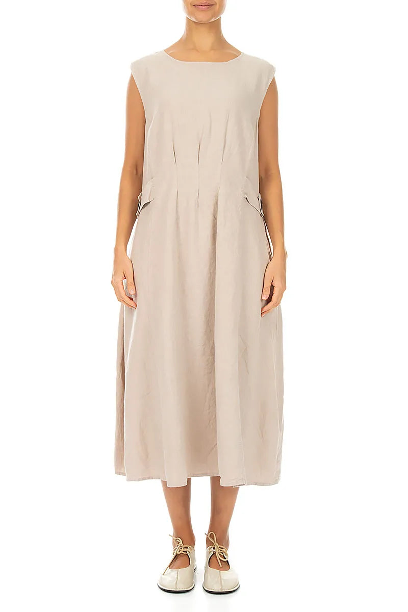 Waist Detail Sleeveless Beige Linen Dress 1