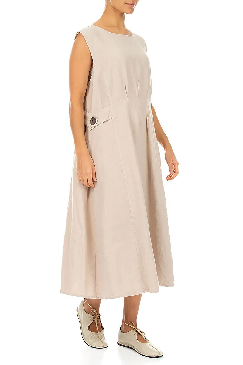 Waist Detail Sleeveless Beige Linen Dress 3