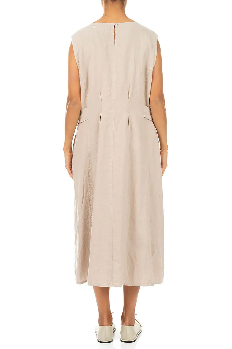 Waist Detail Sleeveless Beige Linen Dress 2
