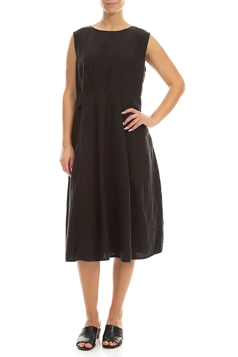 Waist Detail Sleeveless Black Linen Dress 4