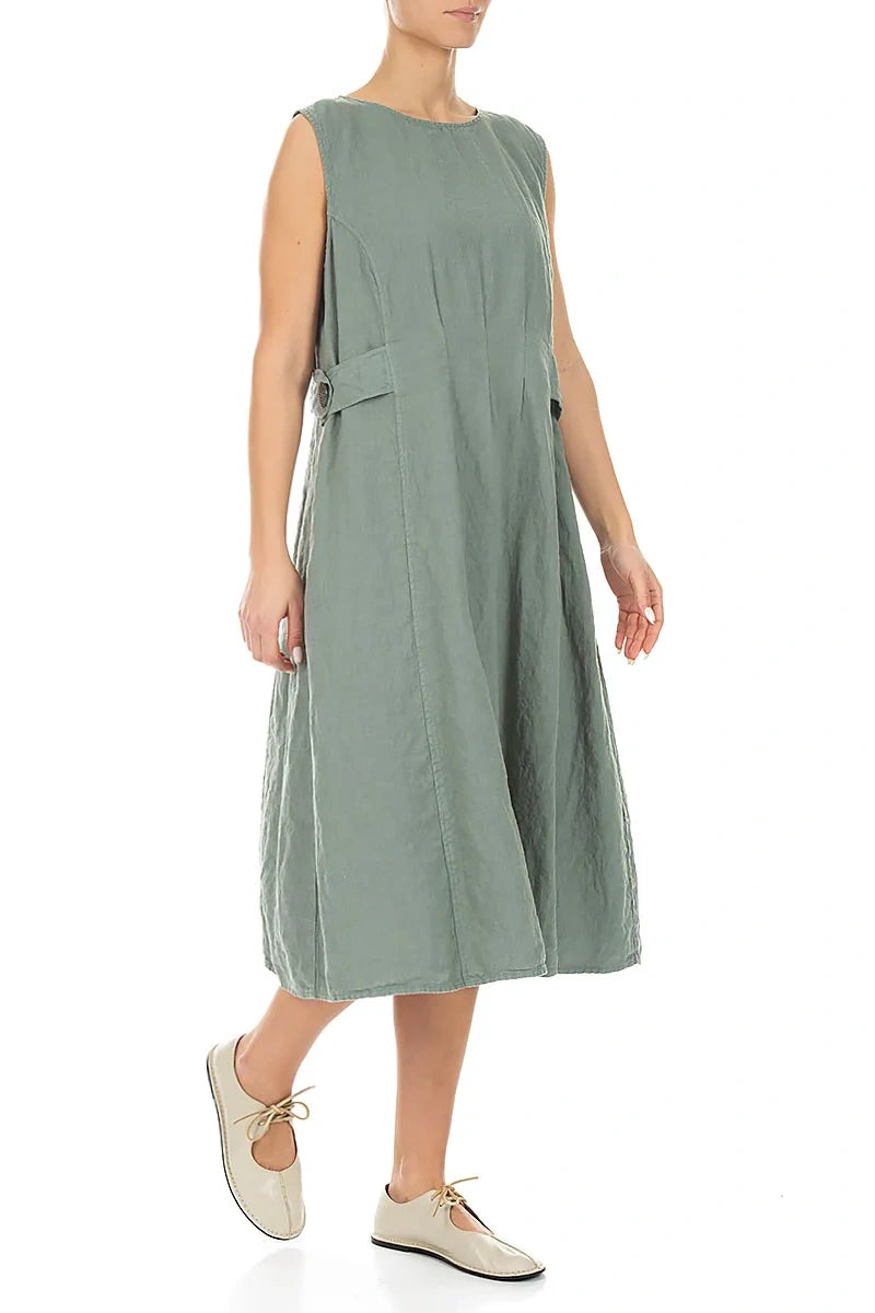 Waist Detail Sleeveless Sage Linen Dress 3