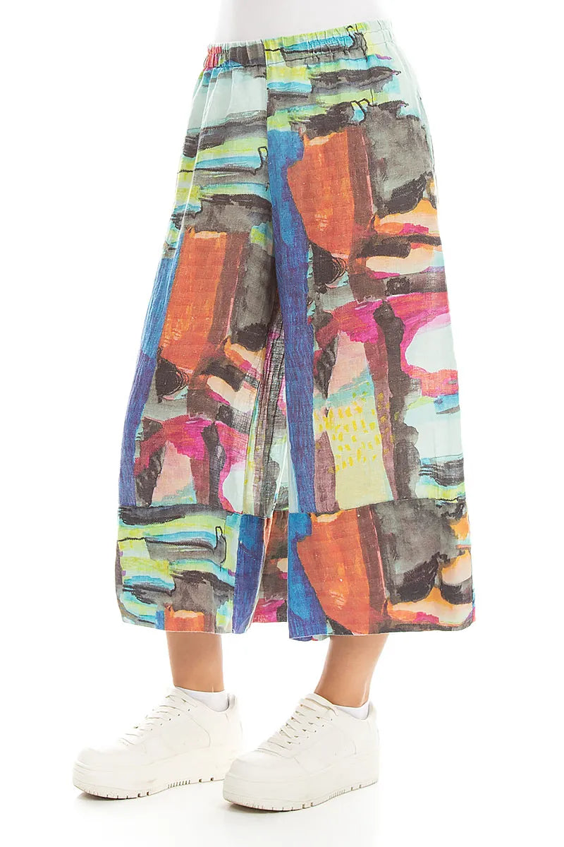 Wide Leg Cuffs Abstract Linen Culottes 3