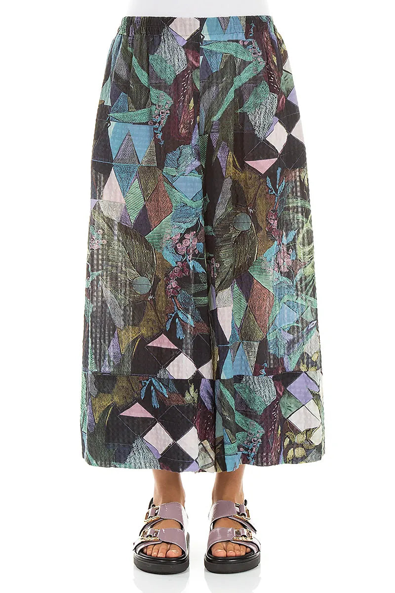 Wide Leg Cuffs Art Mosaic Textured Silk Culottes 1