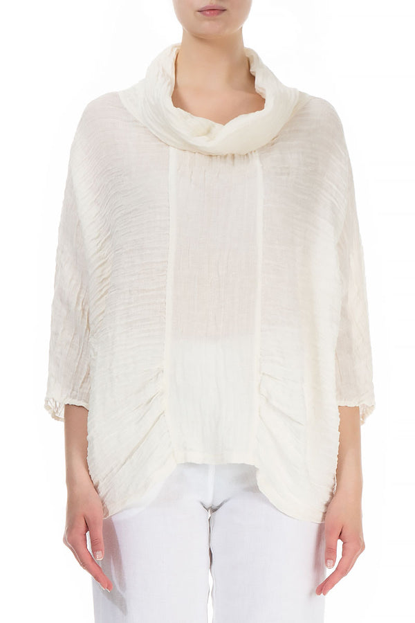 Cowl Neck Crinkled Off White Silk Blouse 1