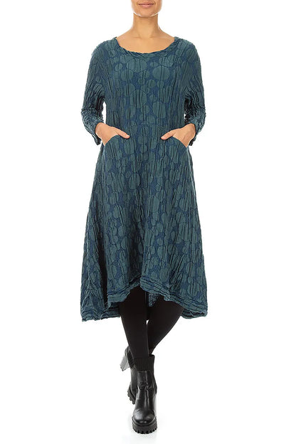 A-Line Deep Turquoise Circle Silk Linen Dress