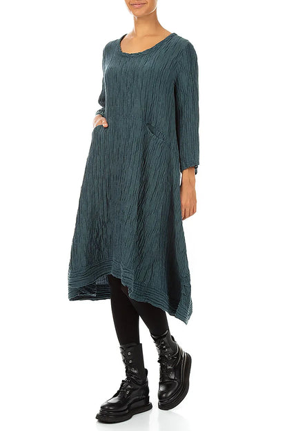 A-Line Deep Turquoise Crinkled Silk Linen Dress