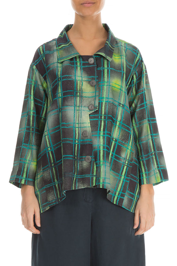 Jacke aus Seide und Leinen mit asymmetrischem Verschluss und Smaragd-Karomuster
