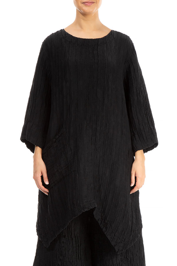 Asymmetric Crinkled Black Silk Linen Tunic 1