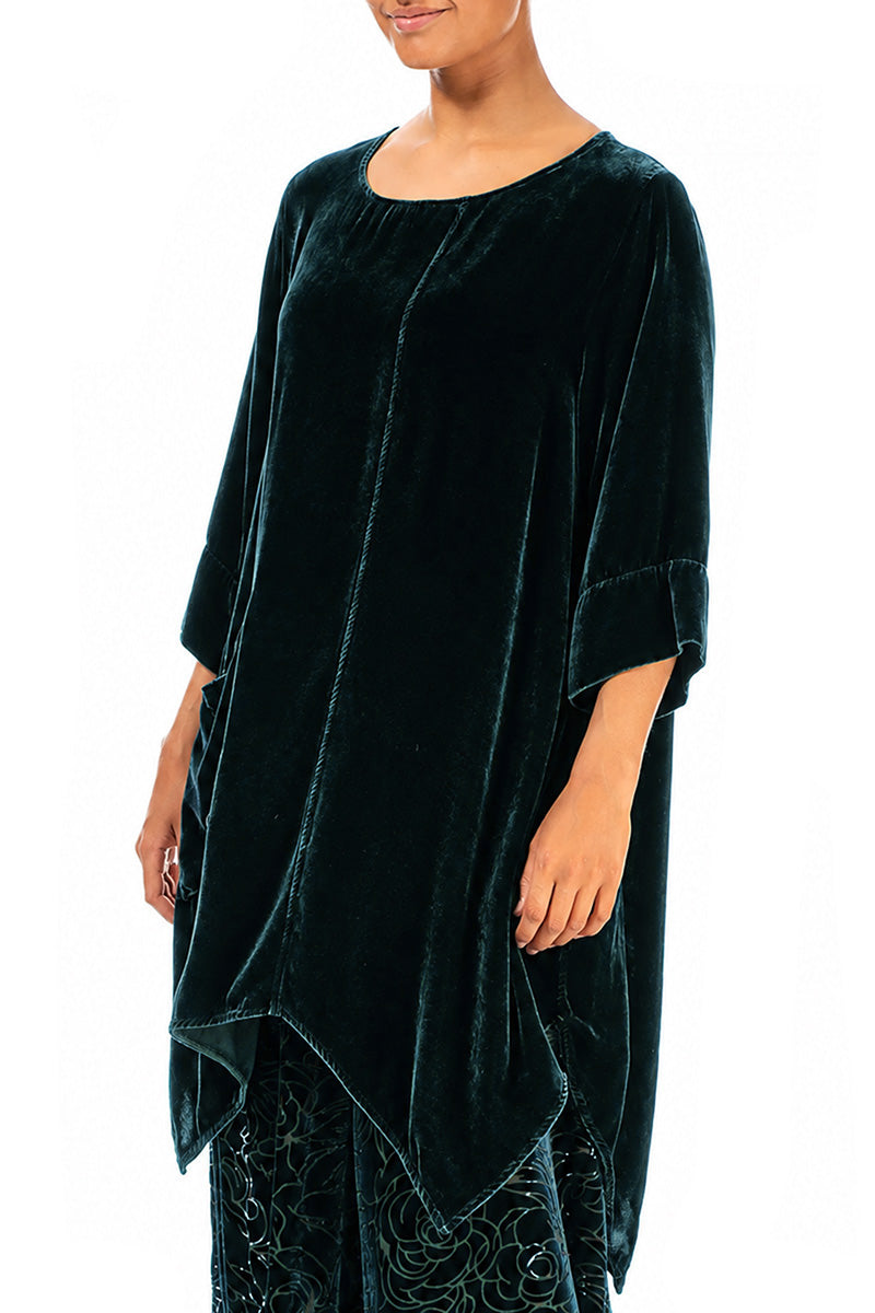 Tunique asymétrique en Velours de Soie Turquoise profond