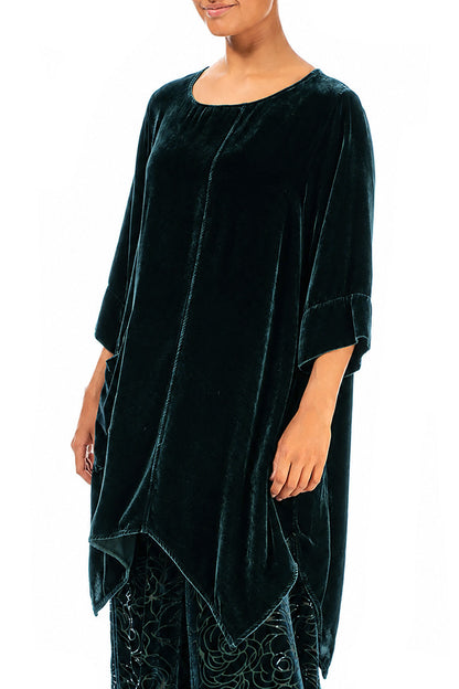 Tunique asymétrique en Velours de Soie Turquoise profond