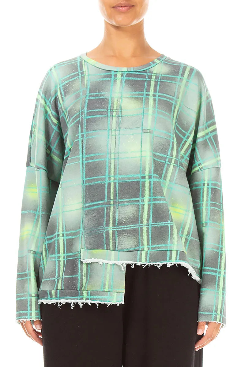 Asymmetric Emerald Grid French Terry Cotton Blouse 1