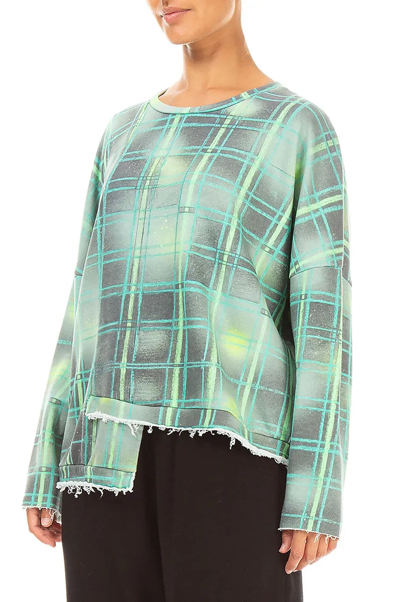 Asymmetric Emerald Grid French Terry Cotton Blouse 3