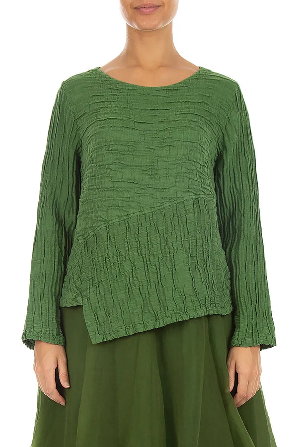 Asymmetric Shamrock Green Crinkled Silk Linen Blouse 1