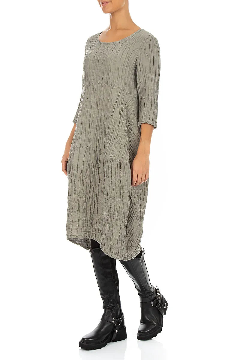 Balloon Crinkled Olive Grey Silk Linen Dress 3