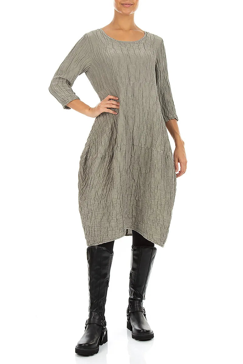 Balloon Crinkled Olive Grey Silk Linen Dress 4