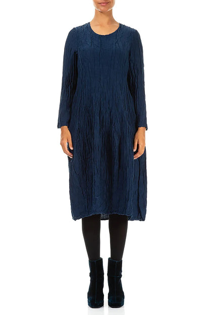 Long Sleeve Balloon Crinkled Royal Blue Silk Linen Dress 1