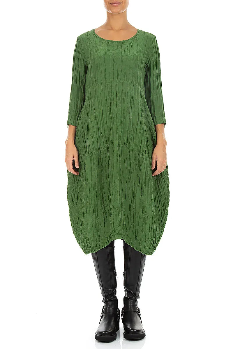 Balloon Crinkled Shamrock Green Silk Linen Dress 1