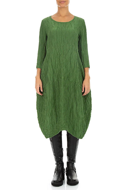 Balloon Crinkled Shamrock Green Silk Linen Dress 1