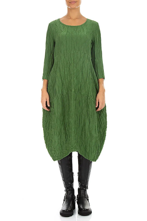 Balloon Crinkled Shamrock Green Silk Linen Dress 1