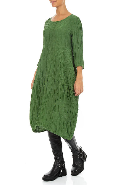 Balloon Crinkled Shamrock Green Silk Linen Dress 3
