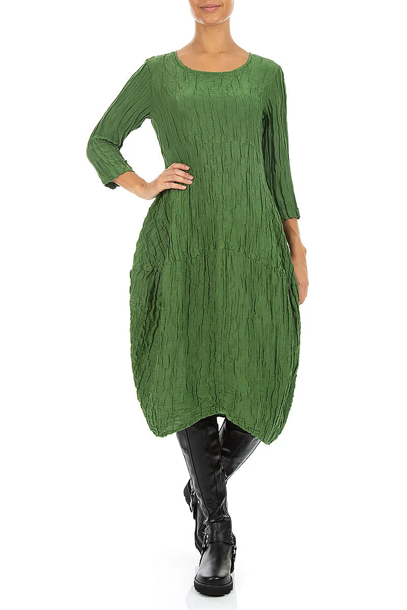 Balloon Crinkled Shamrock Green Silk Linen Dress 4