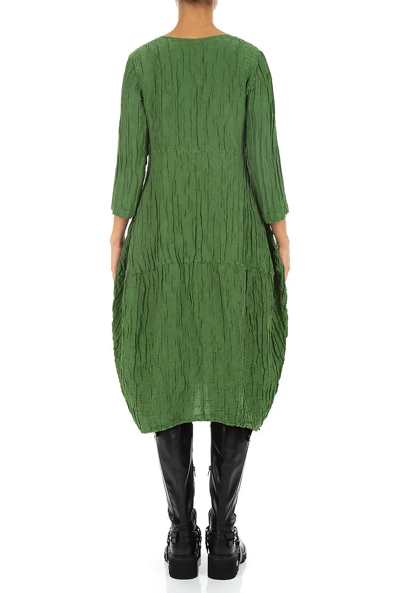 Balloon Crinkled Shamrock Green Silk Linen Dress 2