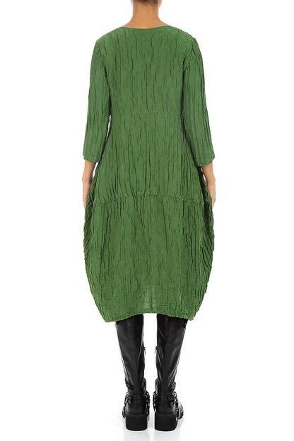 Balloon Crinkled Shamrock Green Silk Linen Dress 2