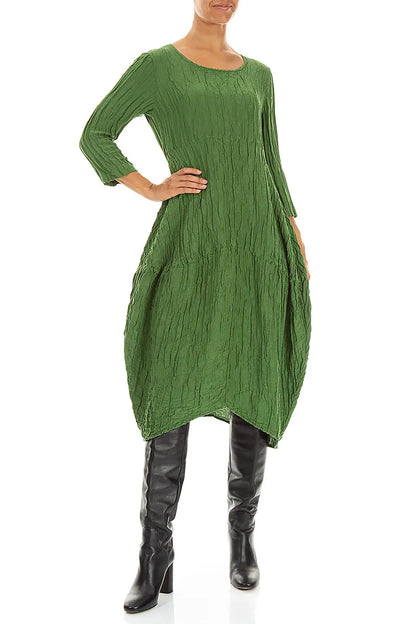 Balloon Crinkled Shamrock Green Silk Linen Dress 5