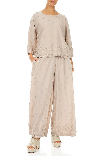 Beige Floral Embroidered Cotton Blouse 4