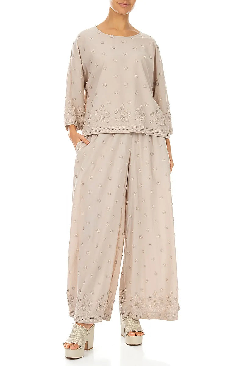 Beige Floral Embroidered Cotton Trousers 5