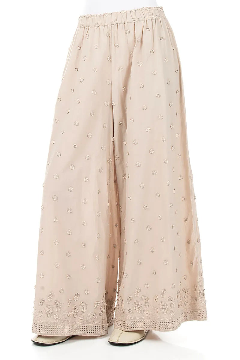 Beige Floral Embroidered Cotton Trousers 4