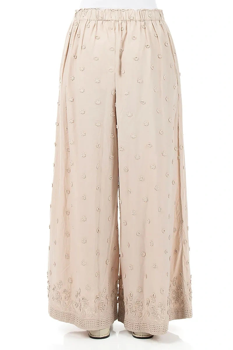 Beige Floral Embroidered Cotton Trousers 3