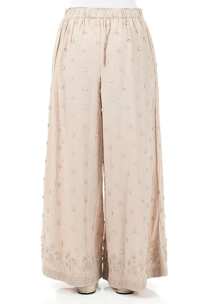 Beige Floral Embroidered Cotton Trousers 3