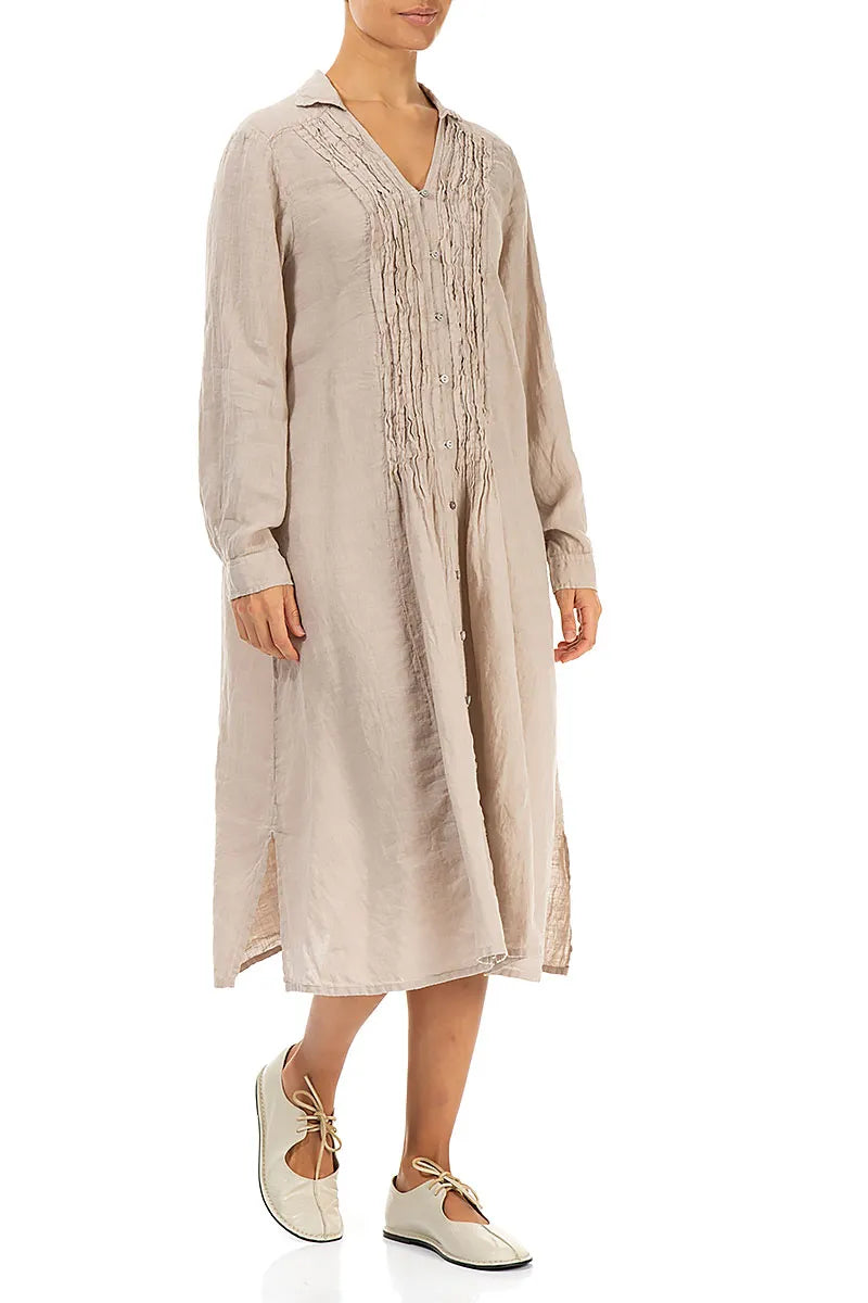 Beige Pintuck Linen Shirt Dress 3