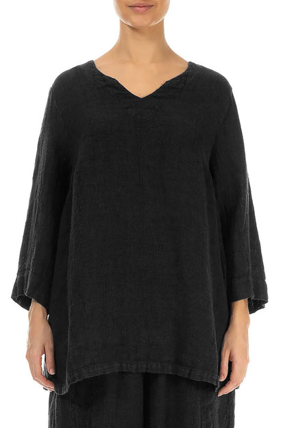 Black Sweetheart Neck Mélange Linen Blouse 1