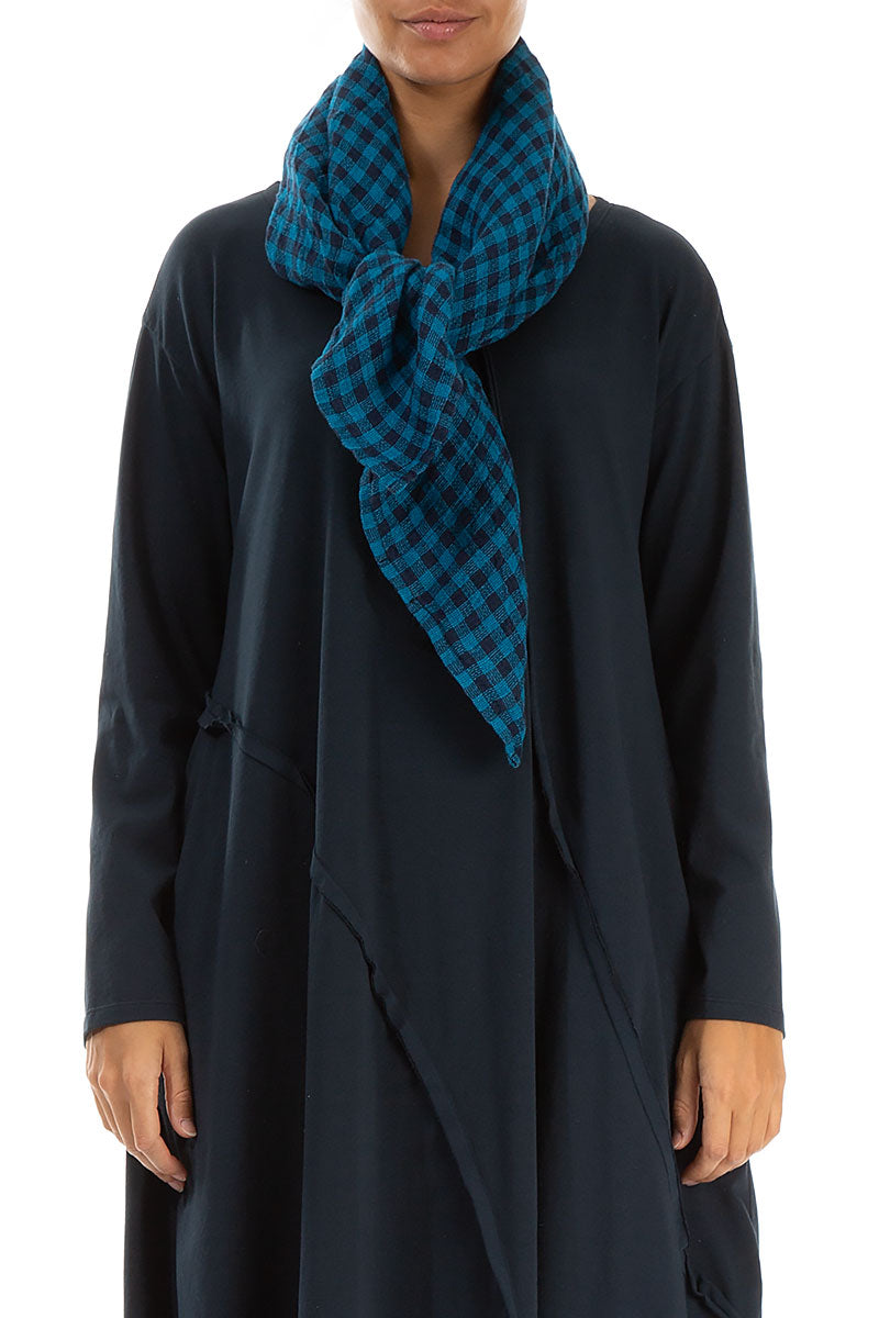 Blue Check Linen Square Scarf 1