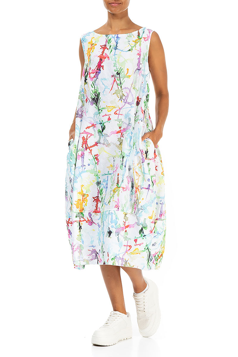 Boat Neck Balloon Colour Splash Linen Dress 4