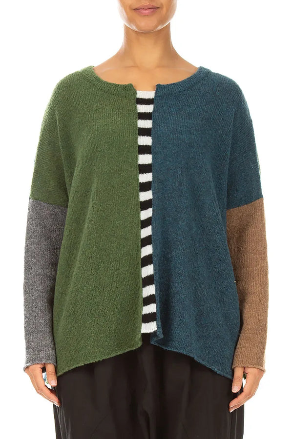 Kastiger Pullover aus Wolle mit Farbblock-Design in Grünpetrol