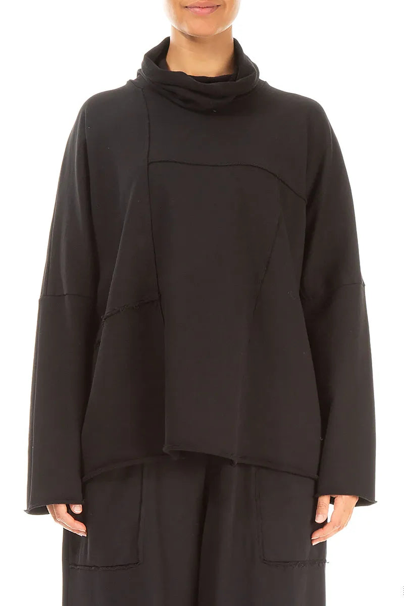 Boxy Cowl Neck Black French Terry Cotton Jumper 1
