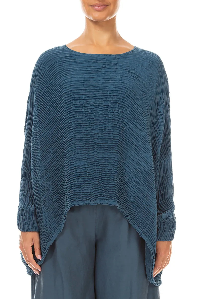 Boxy Deep Turquoise Plissé Silk Blouse 1