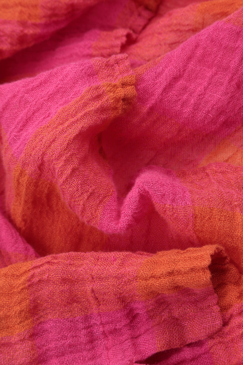 Boxy Large Check Pink Orange Gauze Linen Blouse 7