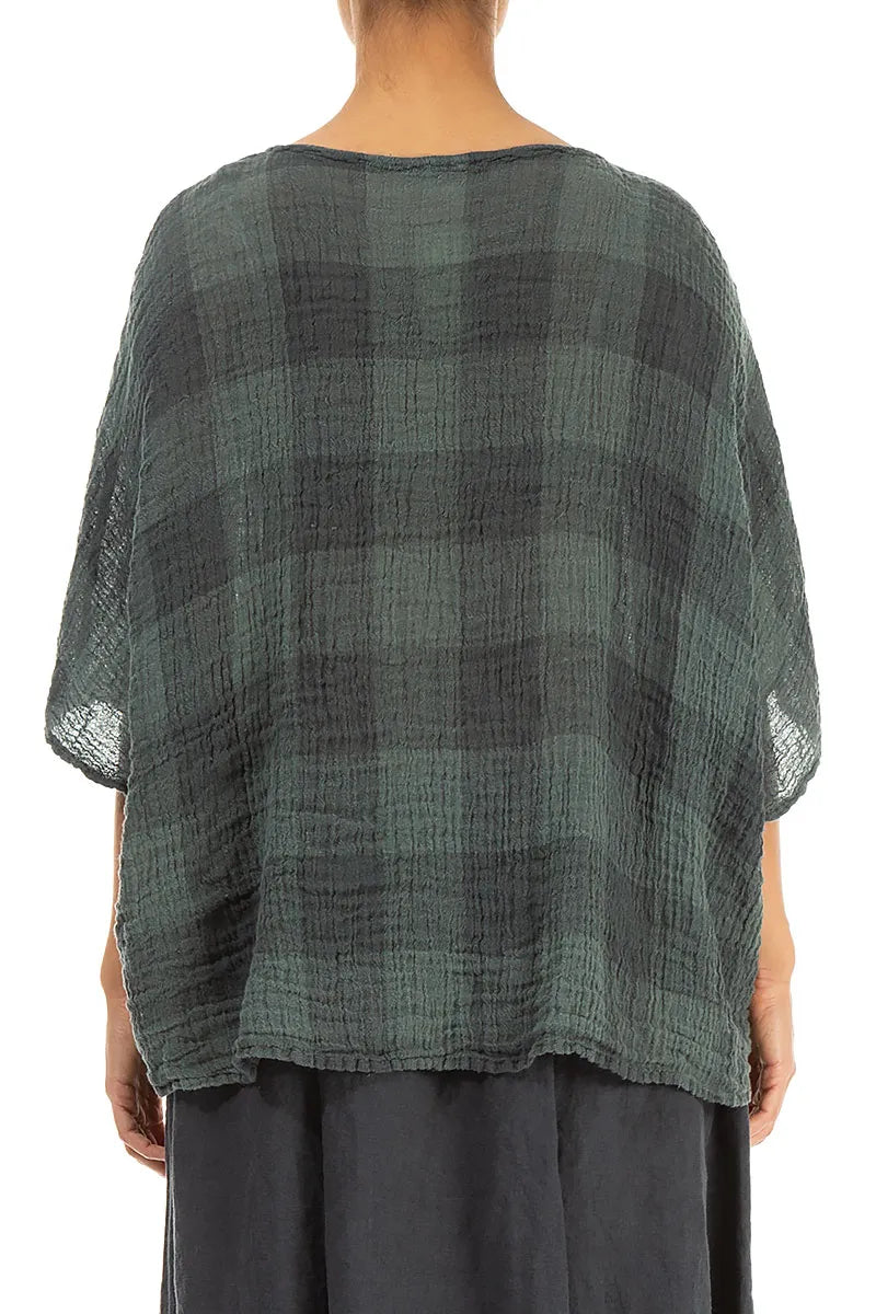 Boxy Large Check Sage Gauze Linen Blouse 2