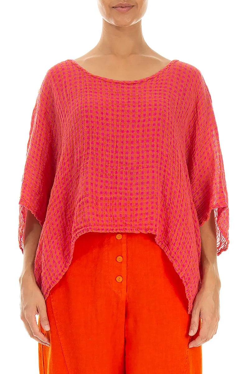 Boxy Pink Orange Check Gauze Linen Blouse 1