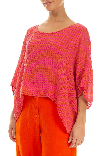 Boxy Pink Orange Check Gauze Linen Blouse 3